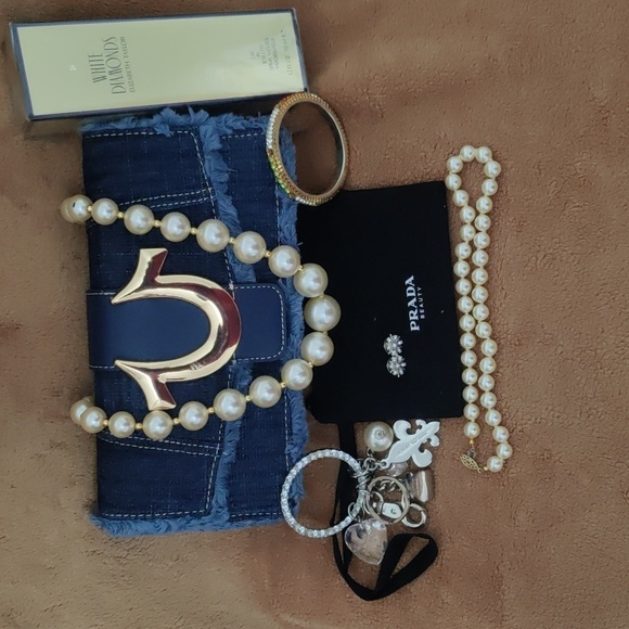 True Religion Accessories - Denim Clutch with Gold Accent and Pearl Jewelry